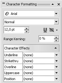 Свиток Character Effects (Эффекты шрифта) пристыковываемого окна Character Formatting(Форматирование текста)