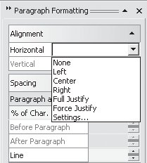 Раскрывающийся список Horizontal (Горизонтальное) свитка Alignment (Выравнивание) в пристыковываемом окне Paragraph Formatting (Форматирование абзаца)