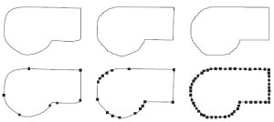 Фигуры, нарисованные инструментом Freehand (Кривая) при разных значениях параметр Freehand Smoothing (Сглаживание кривой): 100 — слева, 50 — в центре, 0 — справа